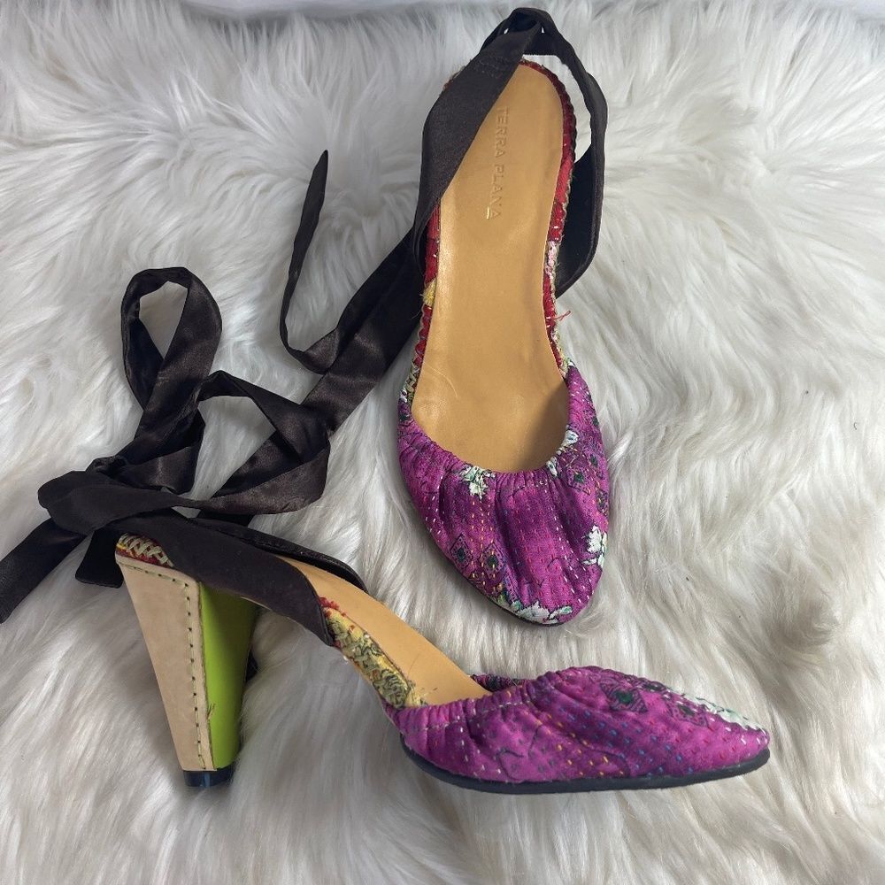 Anthropologie Terra Plana Fabric Ankle Tie Heels Sz 38/7